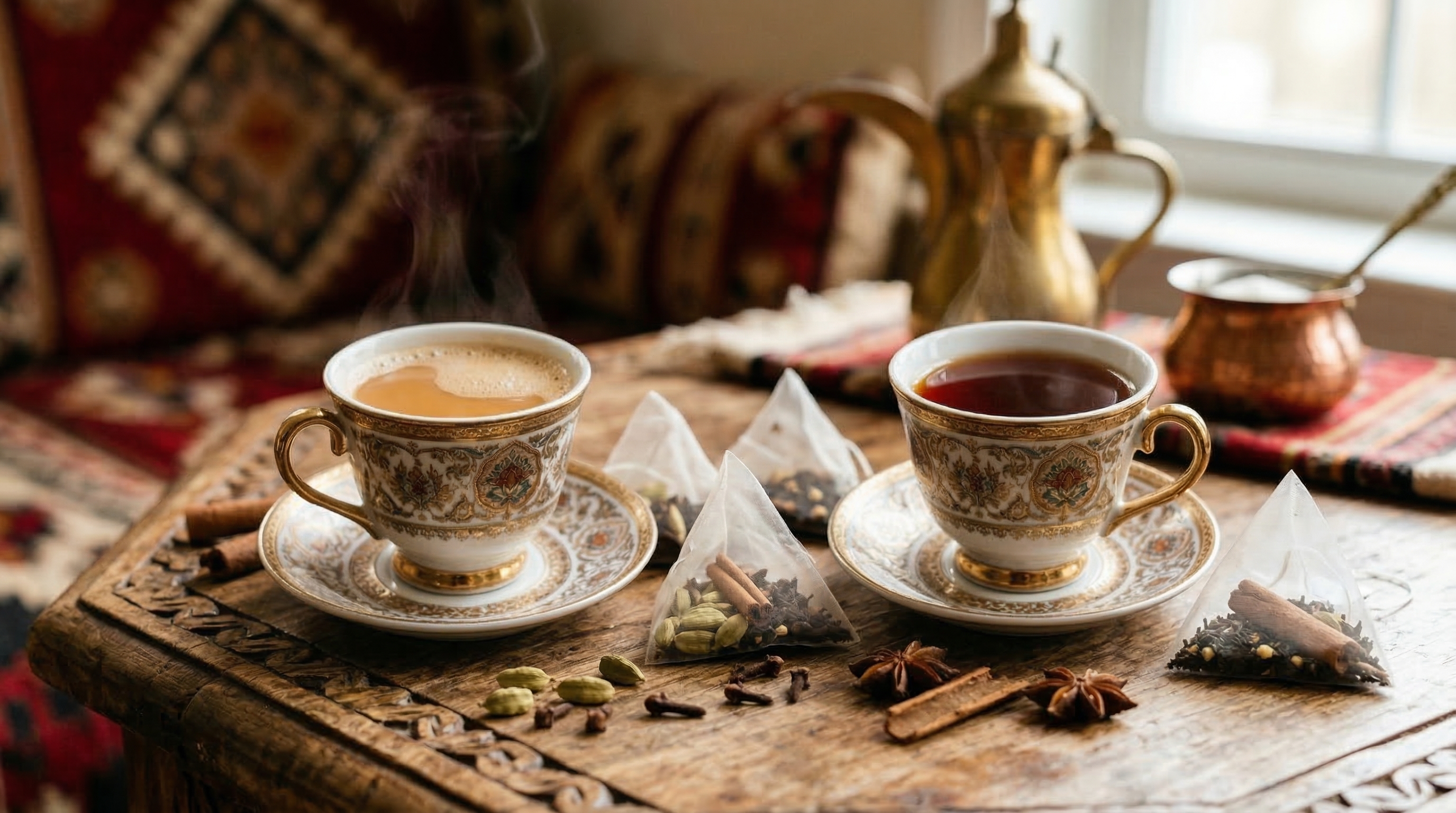 Two cups of Yemeni tea on a wooden table with whole spices
