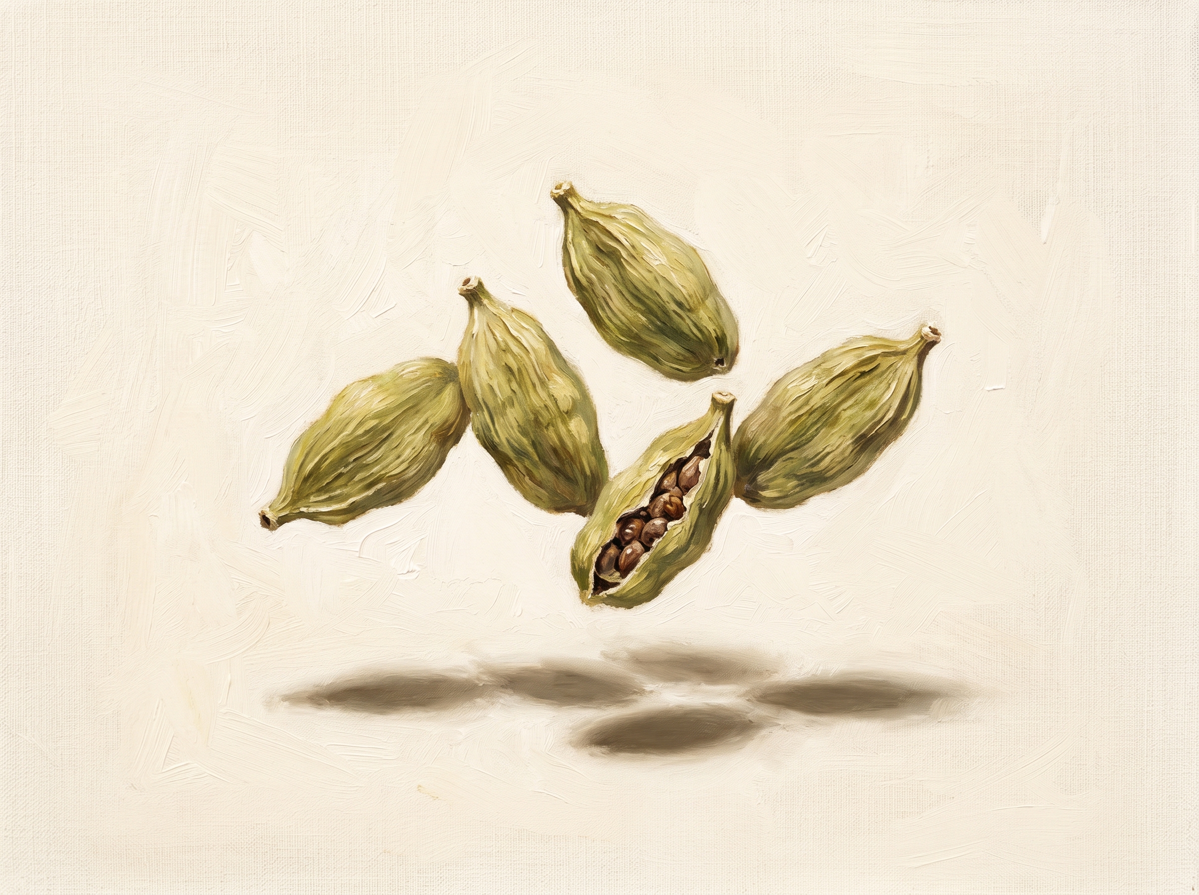 Green cardamom pods, illustrated