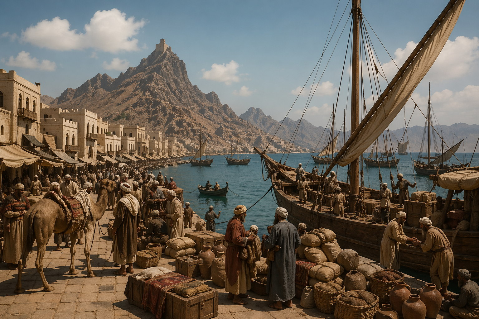 The port of Aden — dhows, traders and camels at a historic Yemeni trade harbour